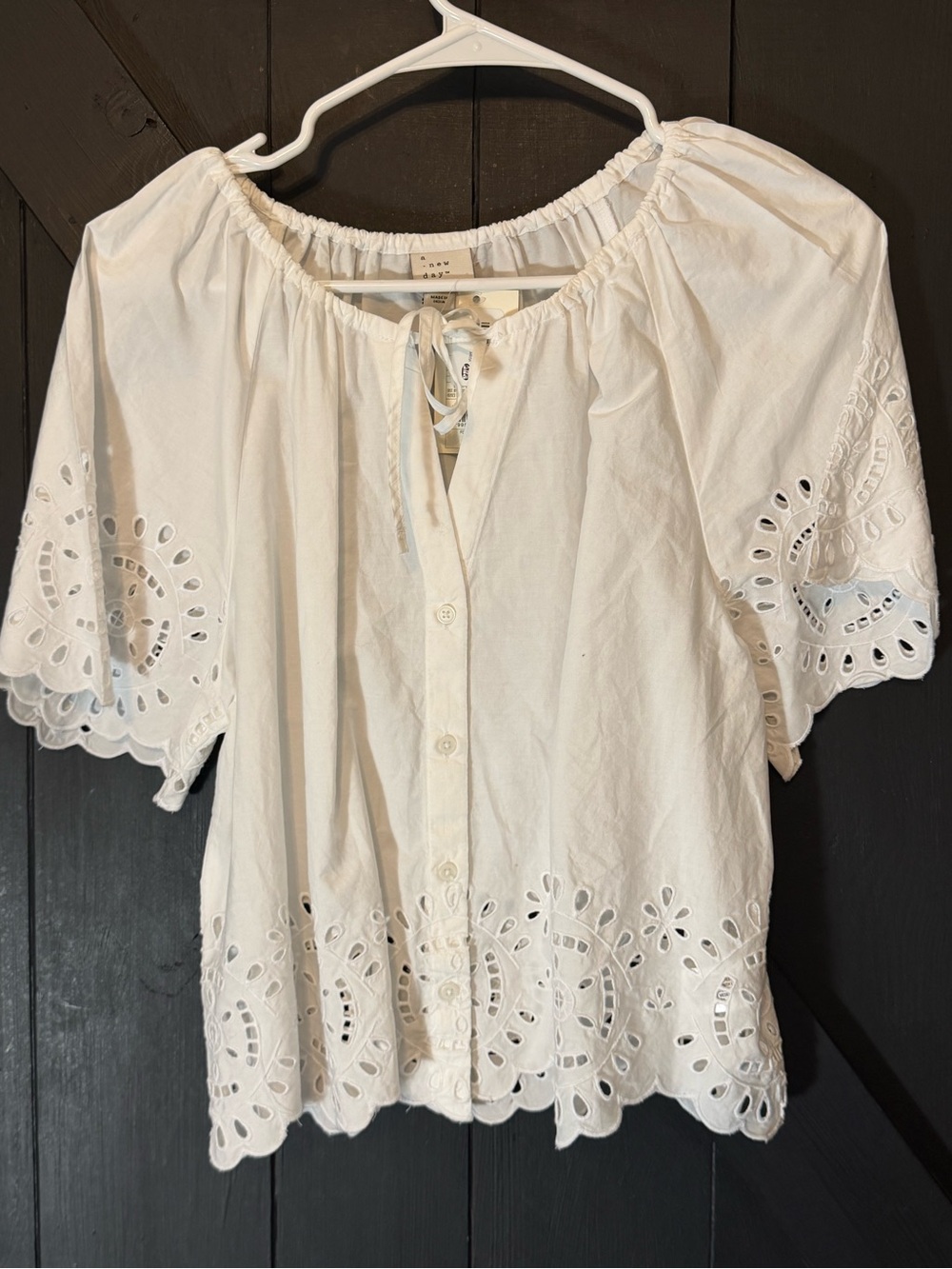 a new day White Eyelet Peasant Top with Button Front
